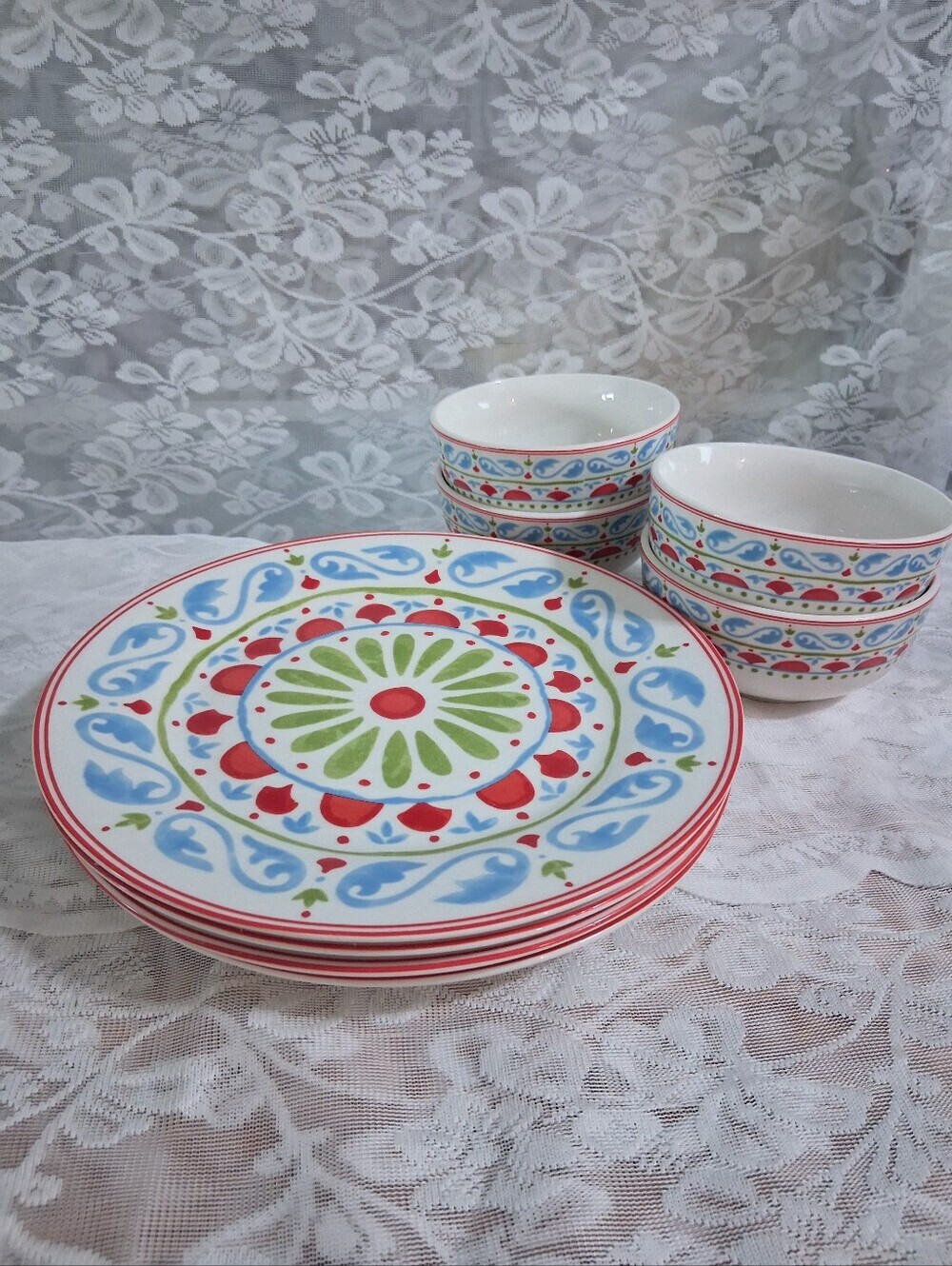Dover & York Bohemian Dinner Plates And Bowls Set Hand-painted Colorful 4 Each